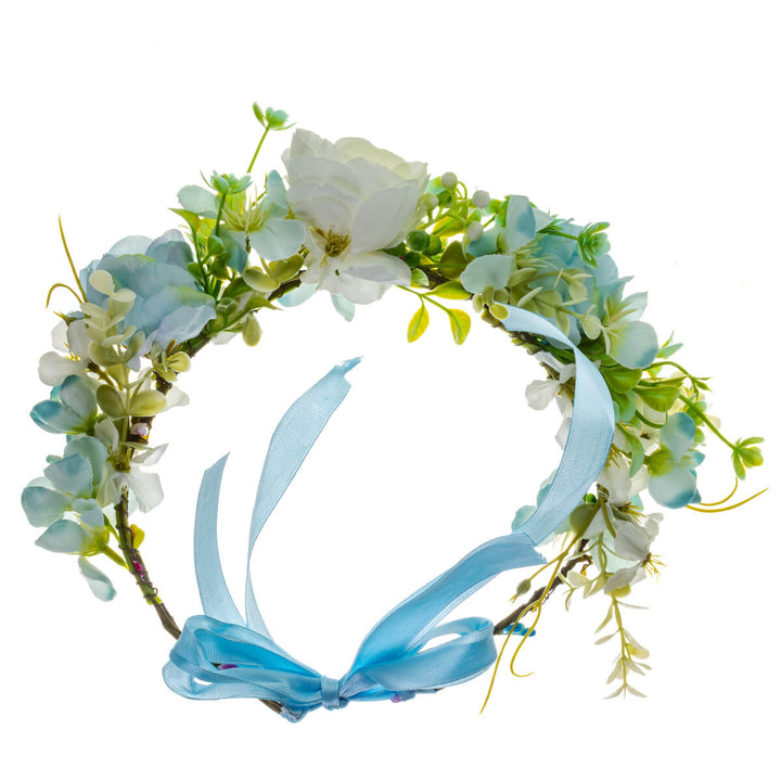 A light blue wreath with white flowers
