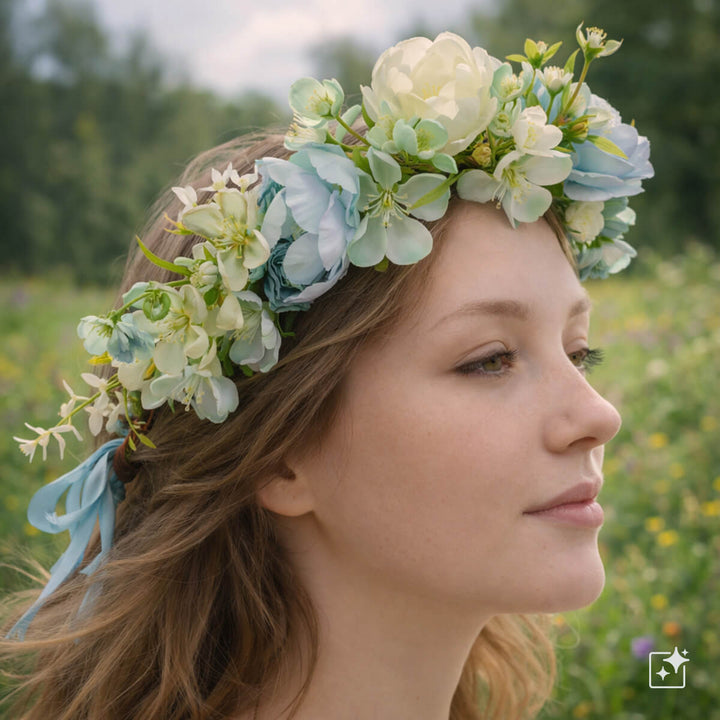A light blue wreath with white flowers