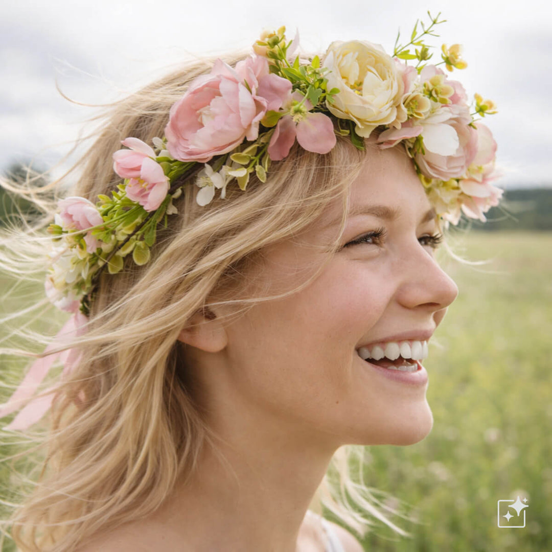 A light pink floral wreath with a white rose