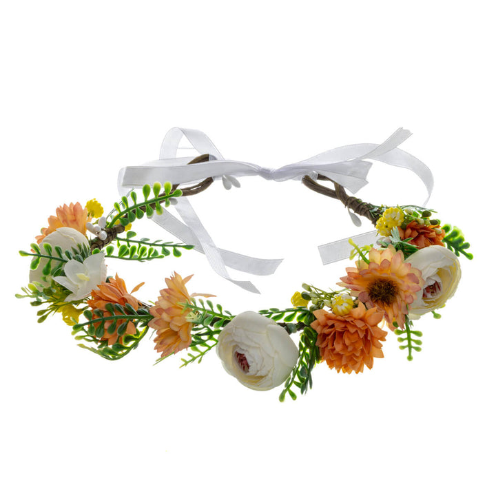 A warm-toned floral wreath with orange and white flowers