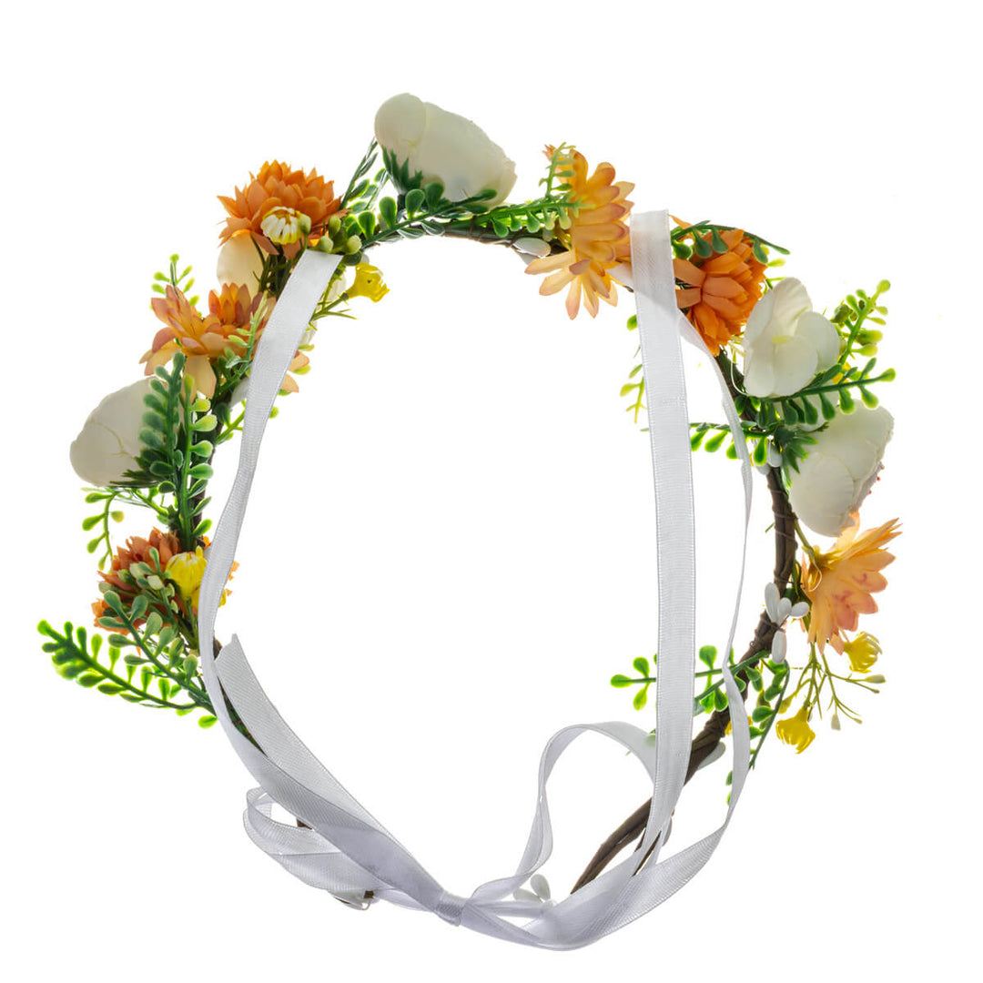 A warm-toned floral wreath with orange and white flowers