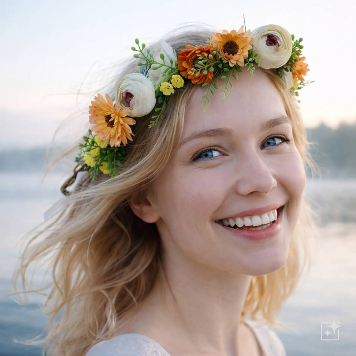 A warm-toned floral wreath with orange and white flowers