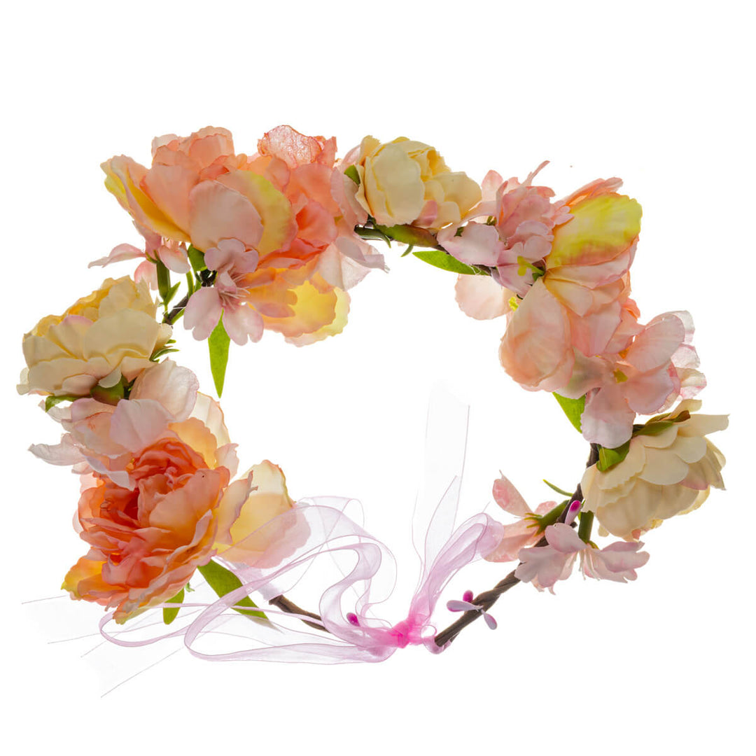 A pink floral wreath with large flowers