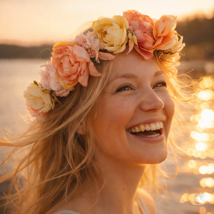 A pink floral wreath with large flowers