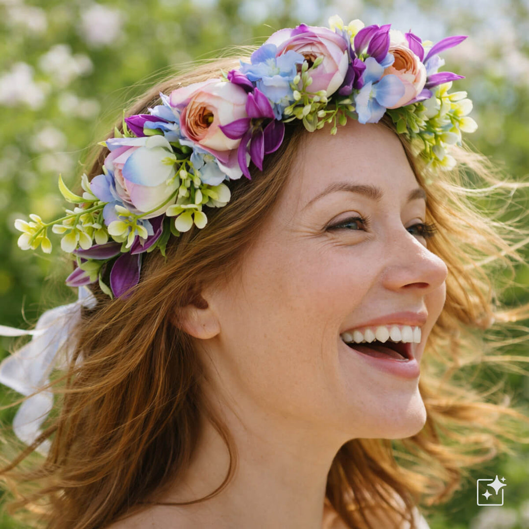A purple-lilac floral wreath with pink accents