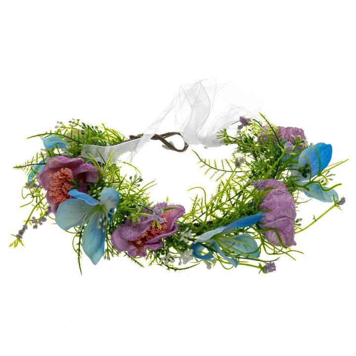 A wreath of light blue and purple wildflowers