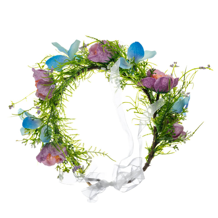 A wreath of light blue and purple wildflowers
