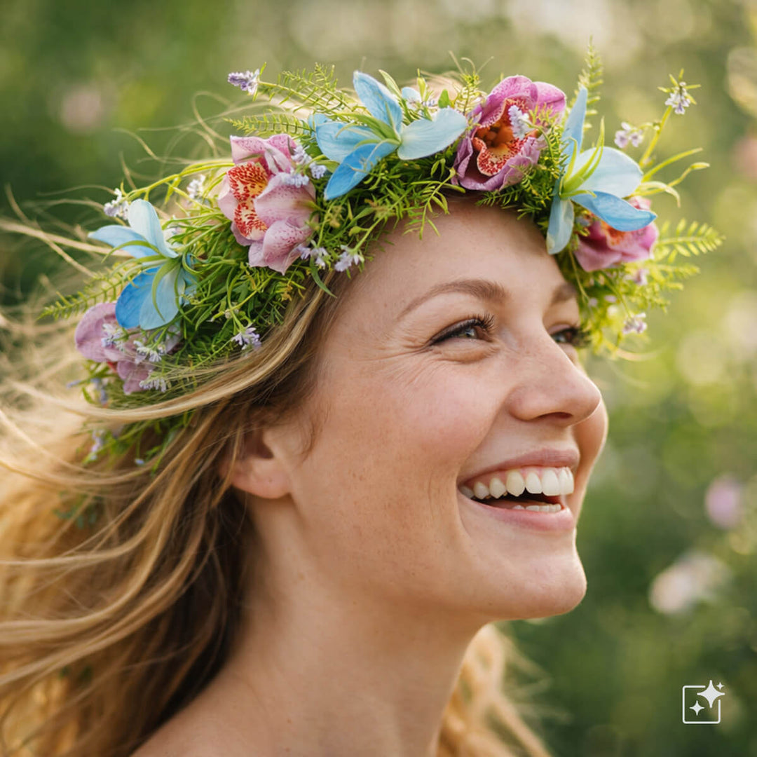 A wreath of light blue and purple wildflowers