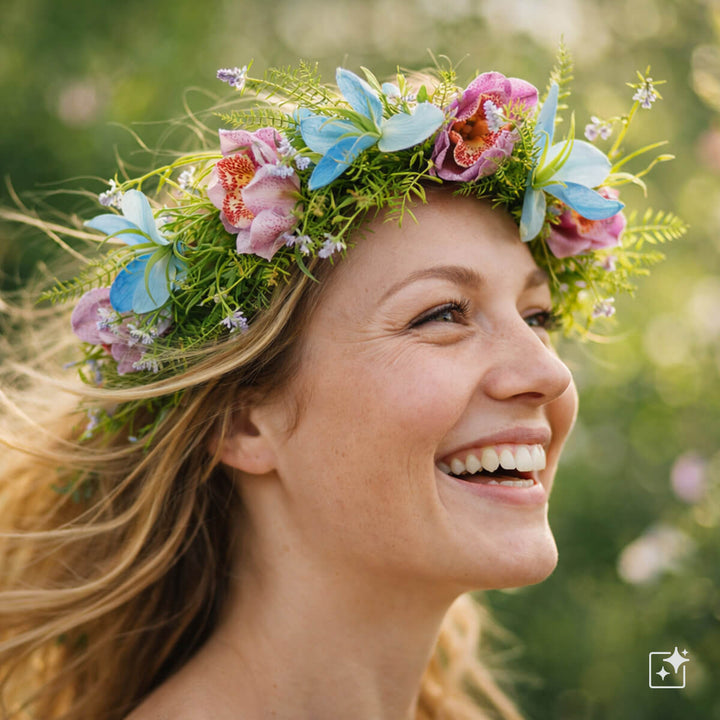 A wreath of light blue and purple wildflowers