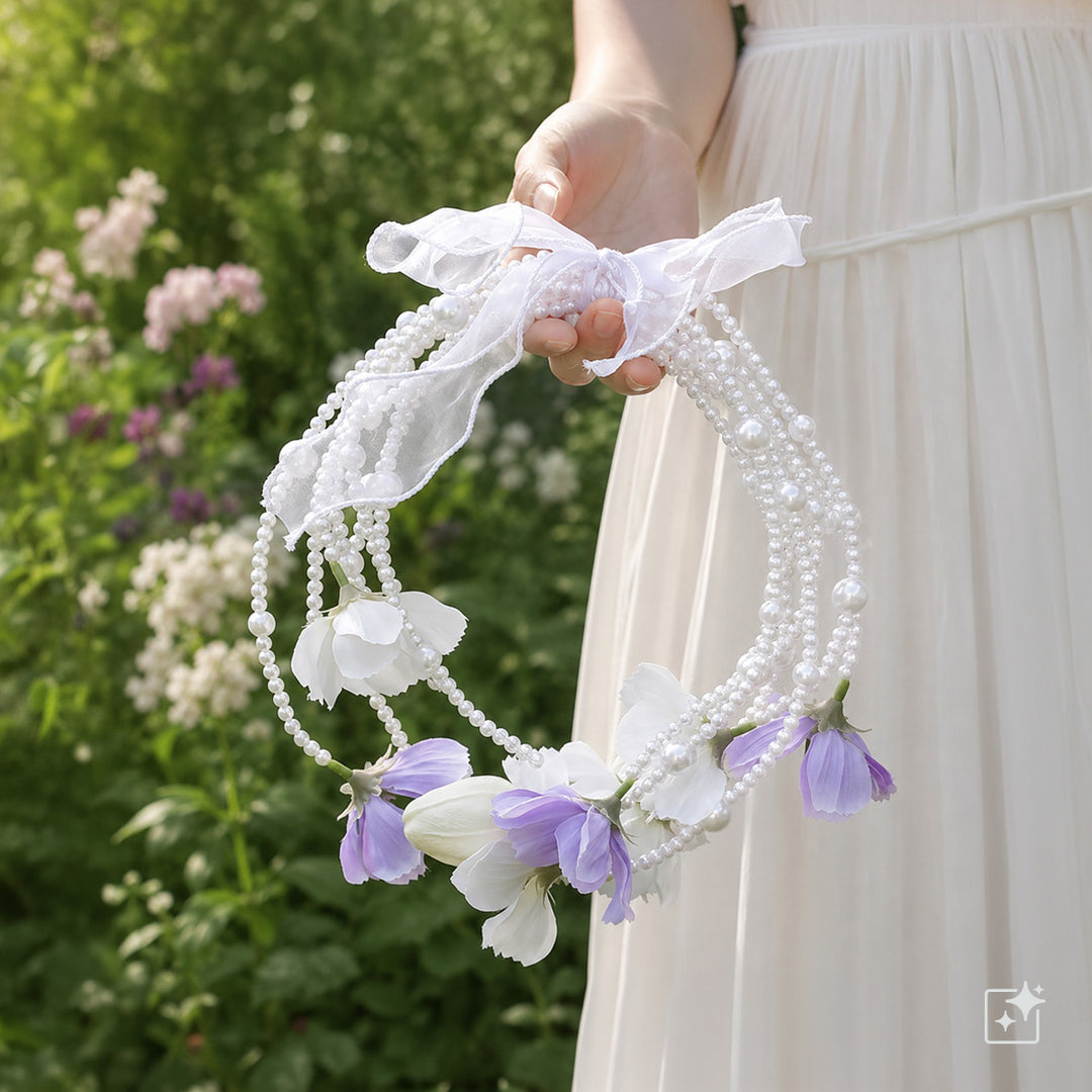Helmikaari-Brautstrauß – weiß-violette Kunstblumen