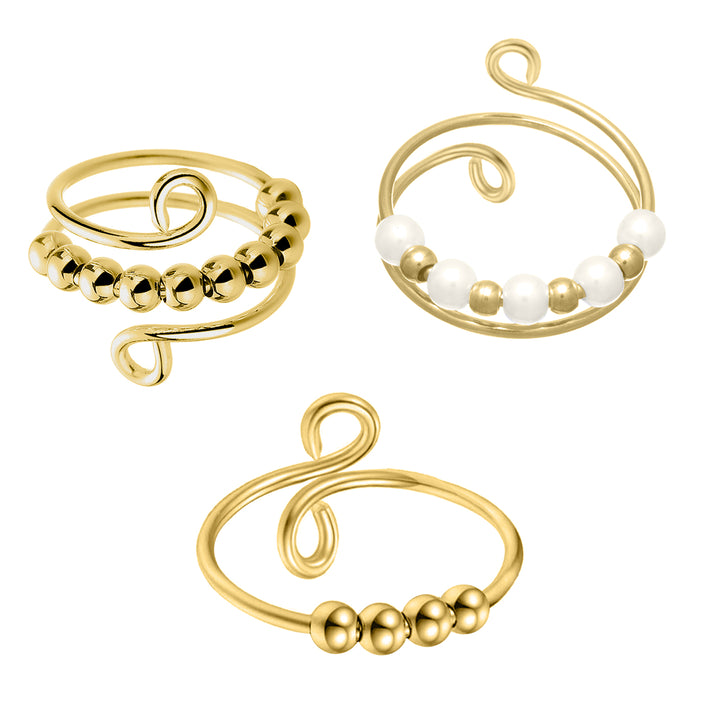Rotating pearl anti-stress ring, gold (316L steel), set of 3