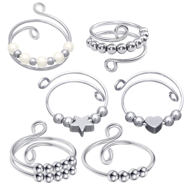 Rotationspärlor anti-stressring, set om 6, silver (316L stål)