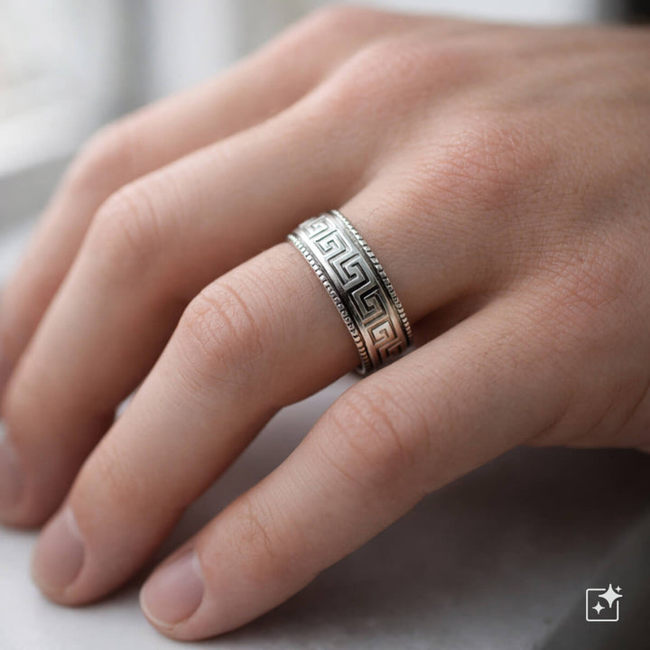 Leveä kreikkalainen avainkuvio stressisormus 8mm Spinner (Teräs 316L)