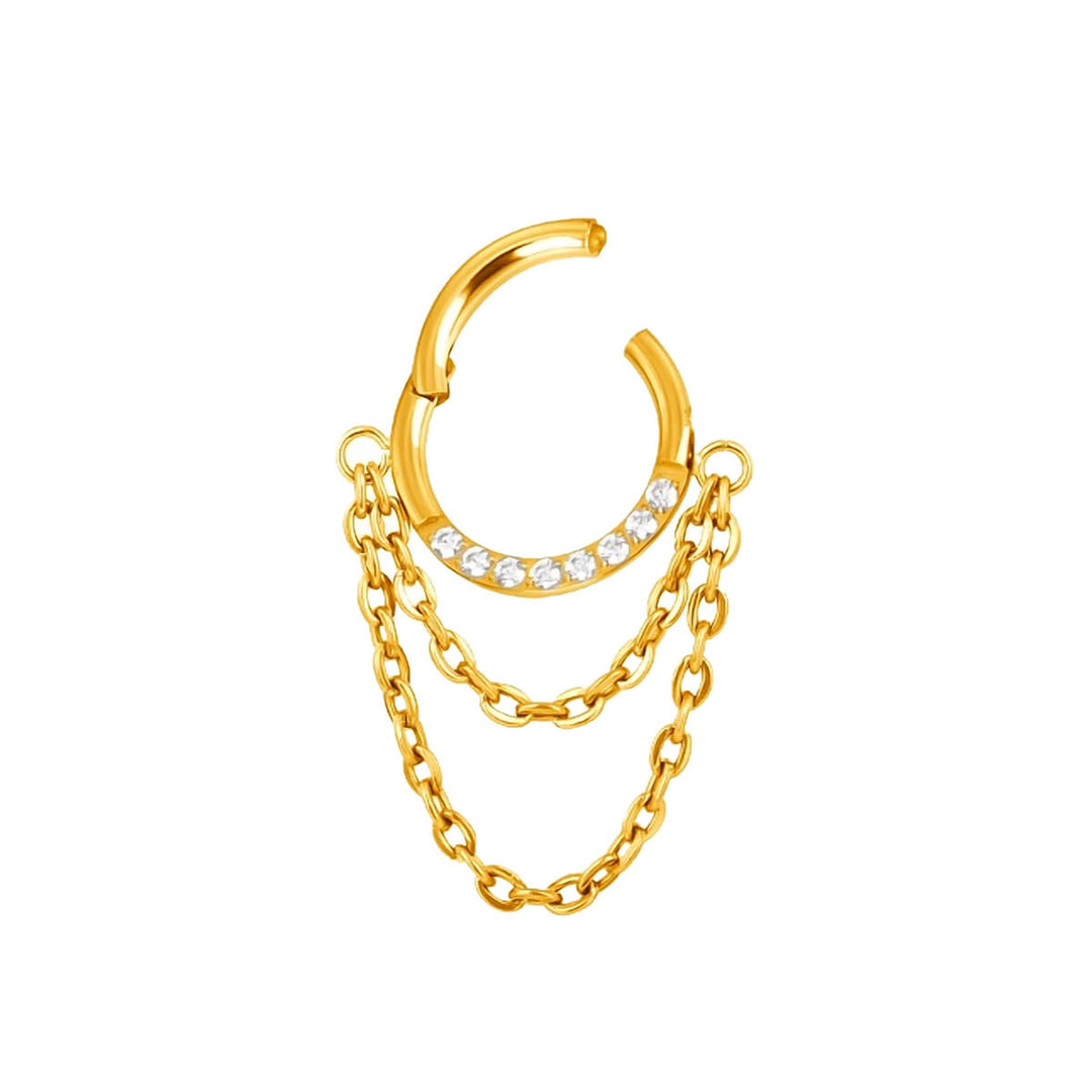 Gold-plated zirconia clicker ring with double chain, 1.2 mm (PVD-coated titanium G23)