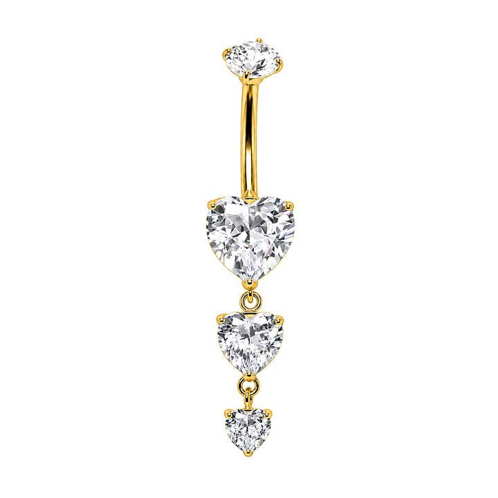 Gold-plated dangling stud earrings with three zirconia hearts (G23 Titanium PVD)