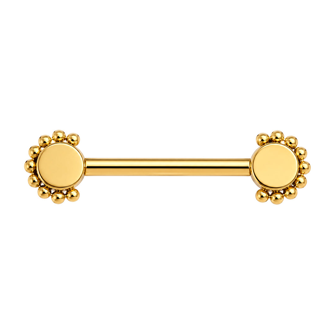 Nippelring aus goldenem Titan mit Zirkonia-Steinen und Perlenrand (PVD-beschichtetes Titan G23)