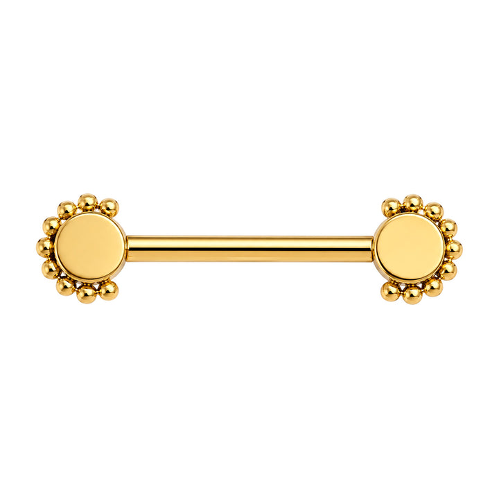 Nippelring aus goldenem Titan mit Zirkonia-Steinen und Perlenrand (PVD-beschichtetes Titan G23)