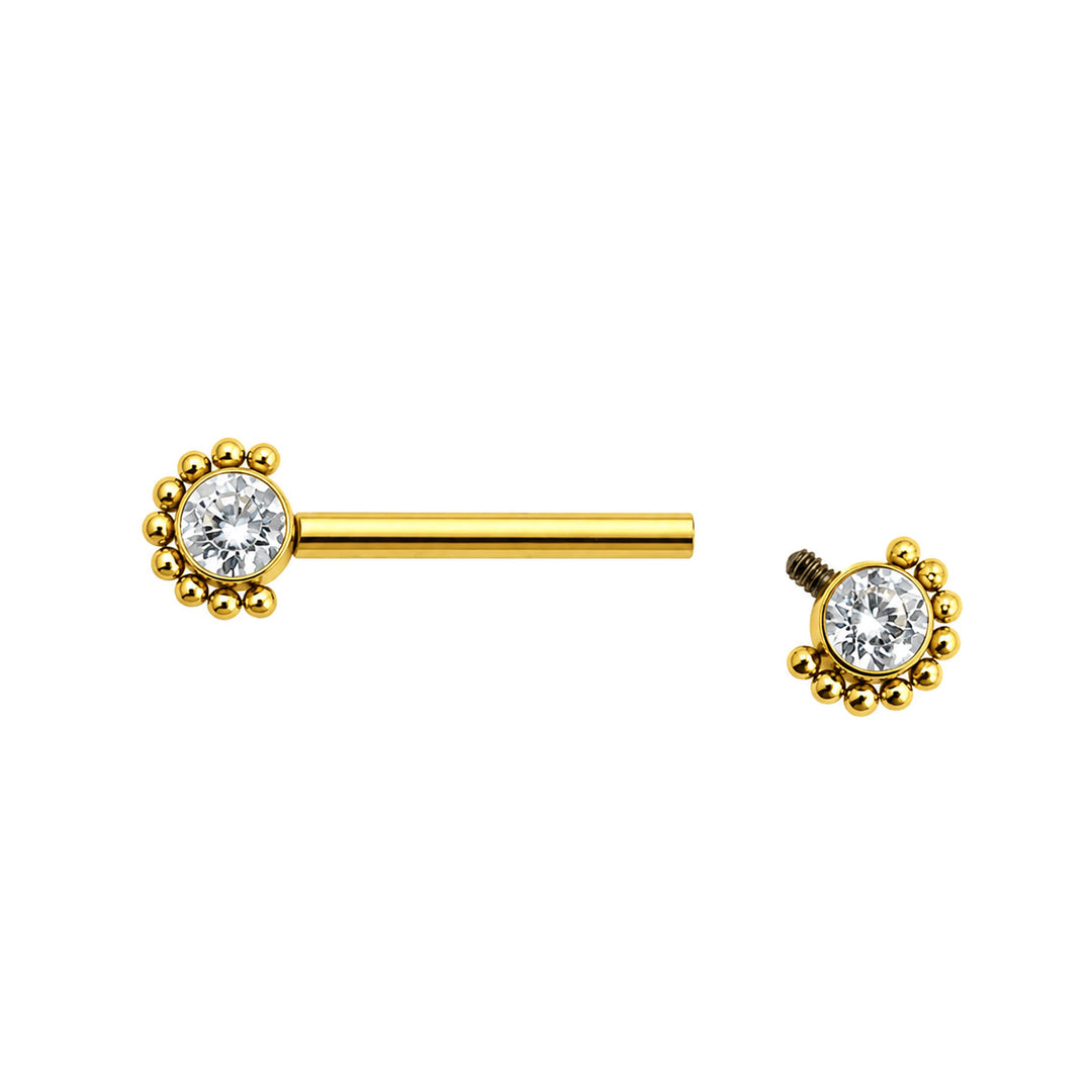 Nippelring aus goldenem Titan mit Zirkonia-Steinen und Perlenrand (PVD-beschichtetes Titan G23)