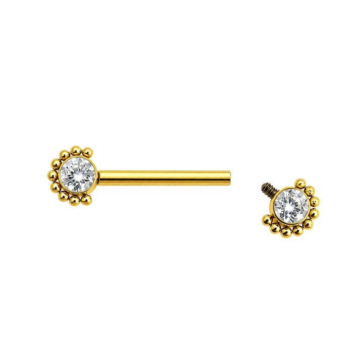 Nippelring aus goldenem Titan mit Zirkonia-Steinen und Perlenrand (PVD-beschichtetes Titan G23)