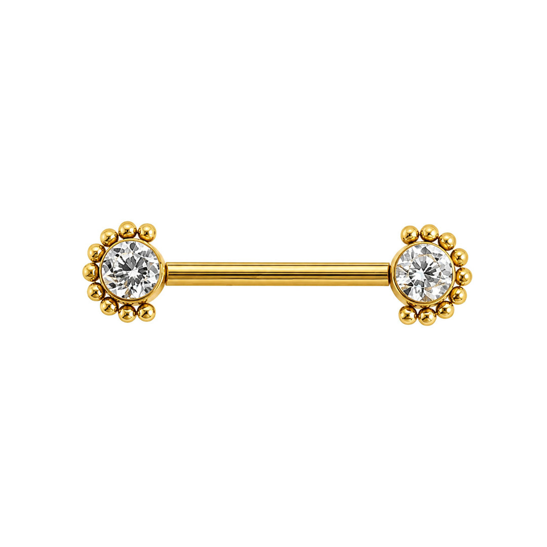 Nippelring aus goldenem Titan mit Zirkonia-Steinen und Perlenrand (PVD-beschichtetes Titan G23)
