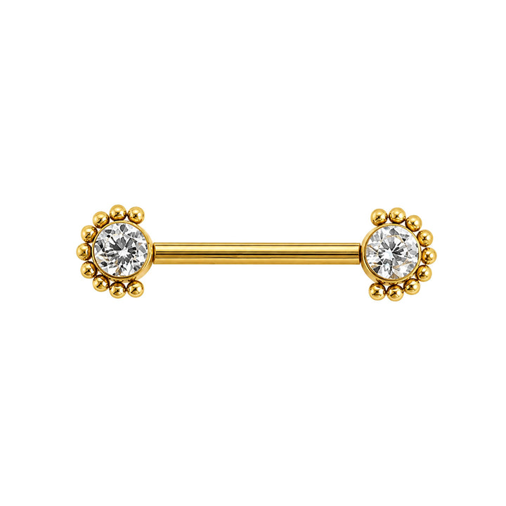 Nippelring aus goldenem Titan mit Zirkonia-Steinen und Perlenrand (PVD-beschichtetes Titan G23)