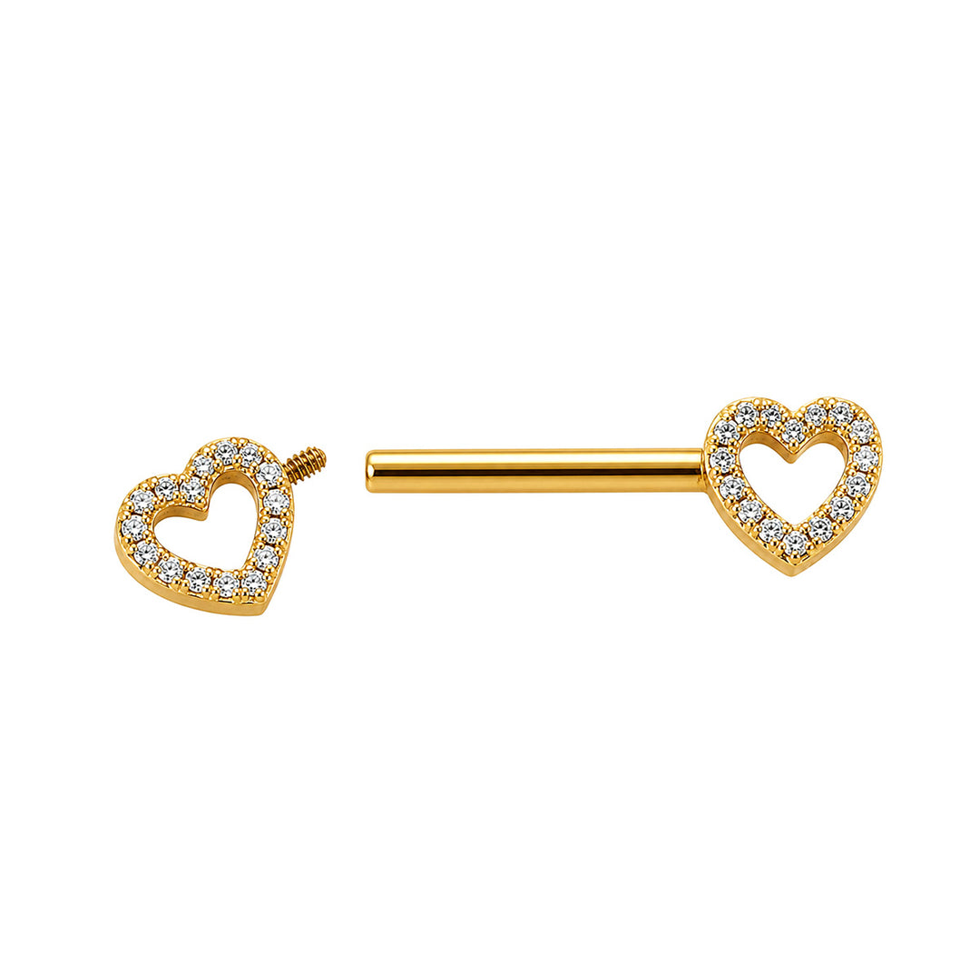 Nippelring mit goldenem Herz und Zirkonia-Steinen (PVD-beschichtetes Titan G23)