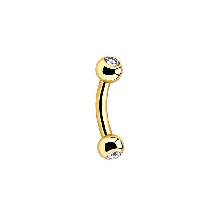 PVD-förgylld G23-titanhörnörhänge 1,2 × 6 mm, klara glasstenar i båda kulorna