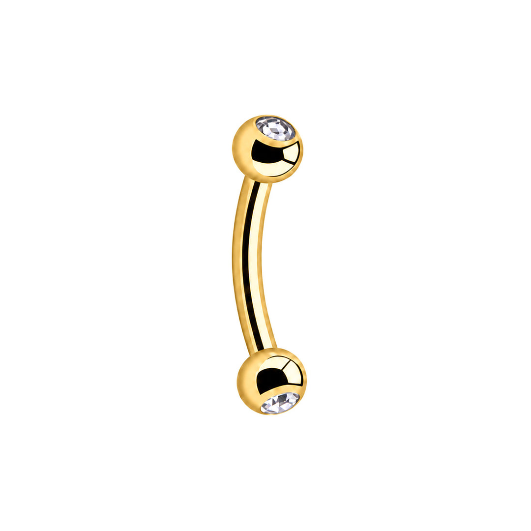 PVD-förgylld G23-titanhörnörhänge 1,2 × 8 mm, klara glasstenar i båda kulorna