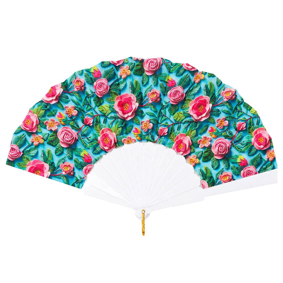 Blommig solfjäder 23 cm – Flerfärgad handfläkt
