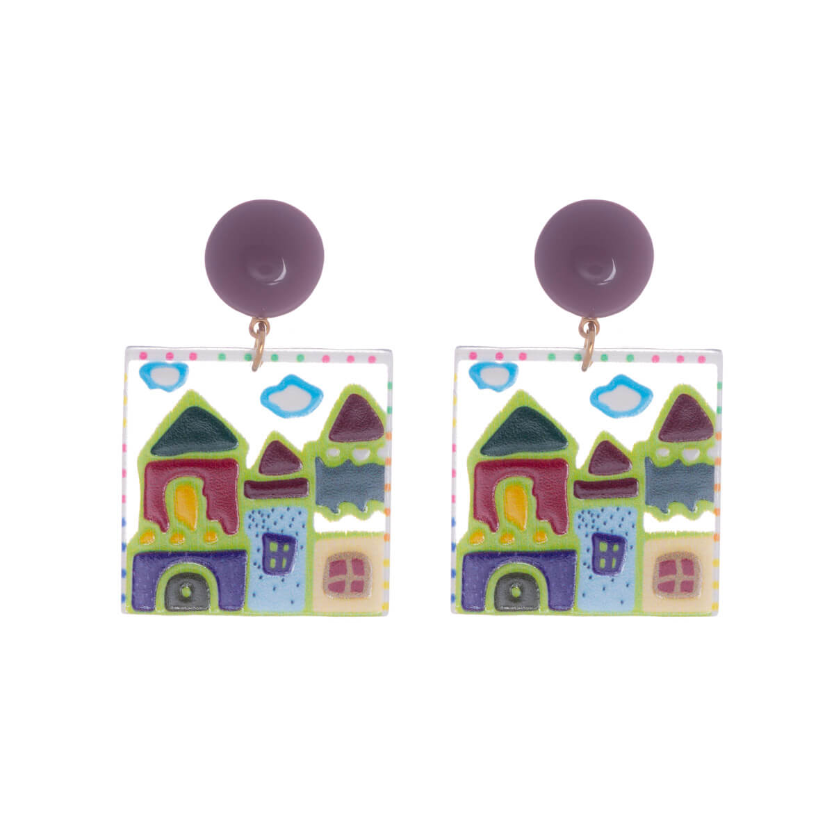 Plastic square cityscape earrings