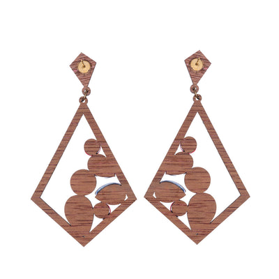 Angular wooden hanging earrings with plastic stones