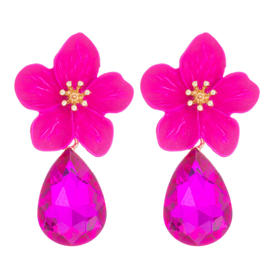 Flower earrings with hanging glass drops