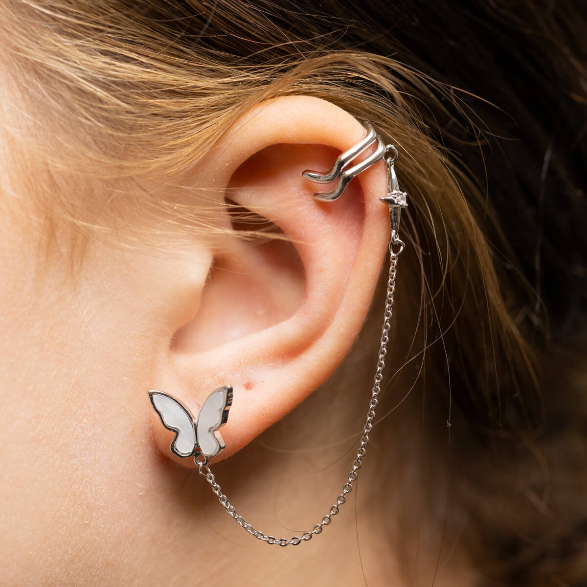 Zirconia butterfly chain with rustic earring ear cuff 1pc