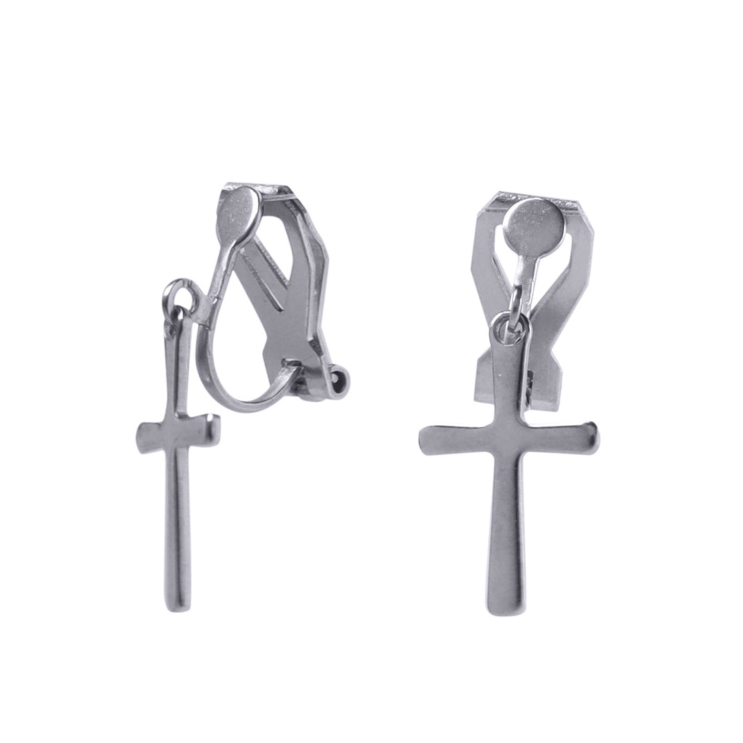 Steel cross earrings with clip (steel 316L) - Main Image