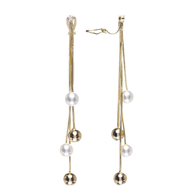 Hanging pearl clip-on earrings with zirconia stone