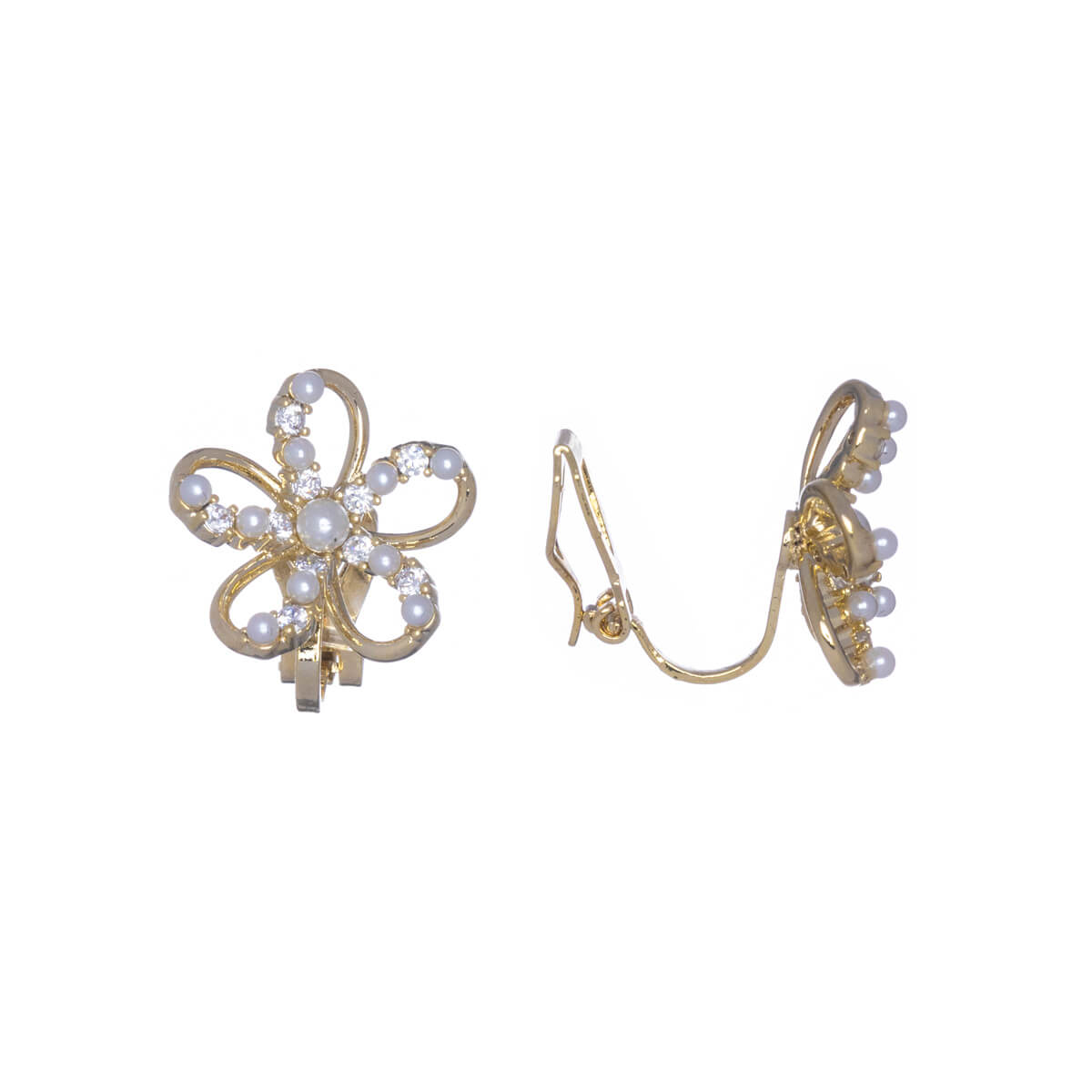 Pearl flower clip-on earrings with zirconia stones