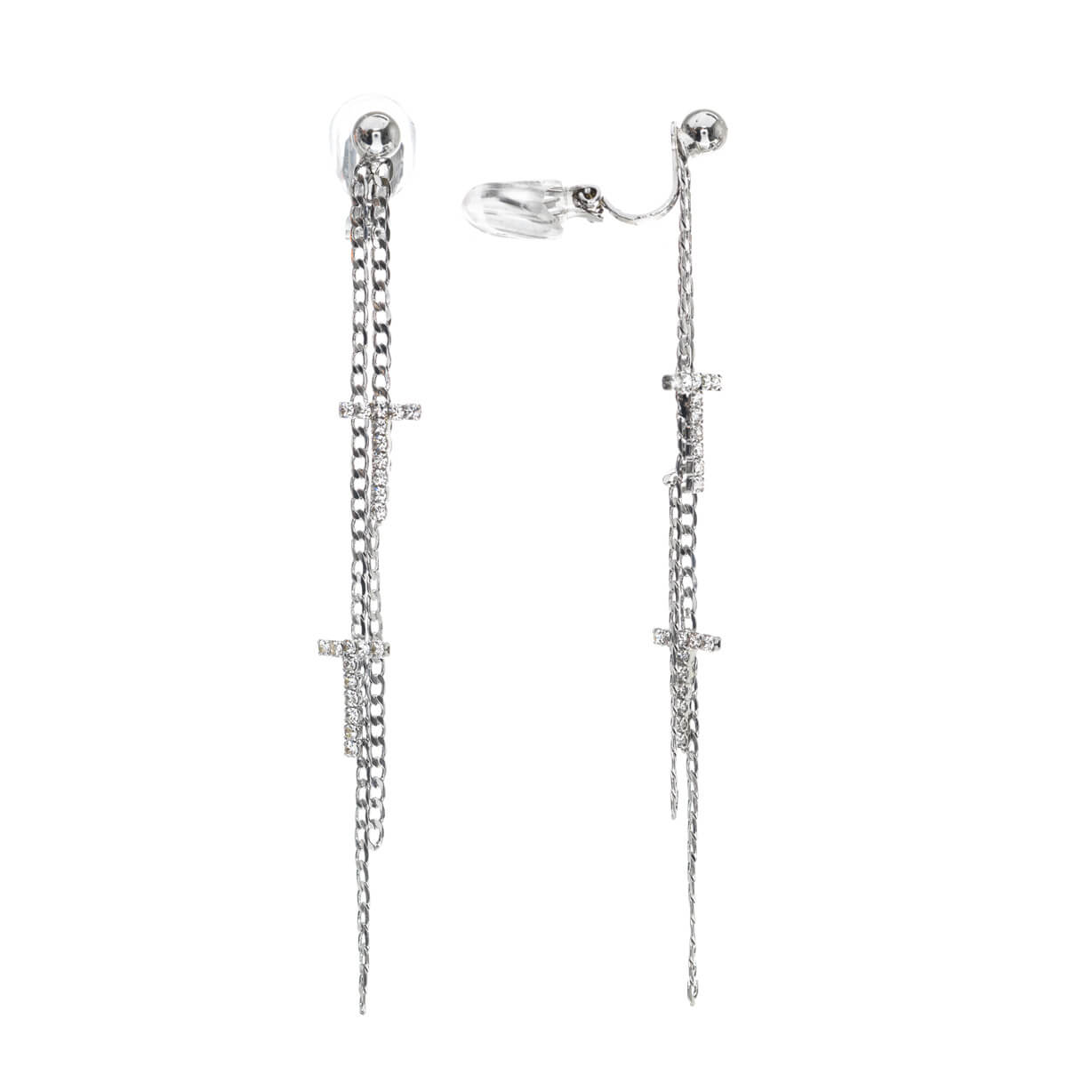 Hanging chain clip earrings with zirconia stones