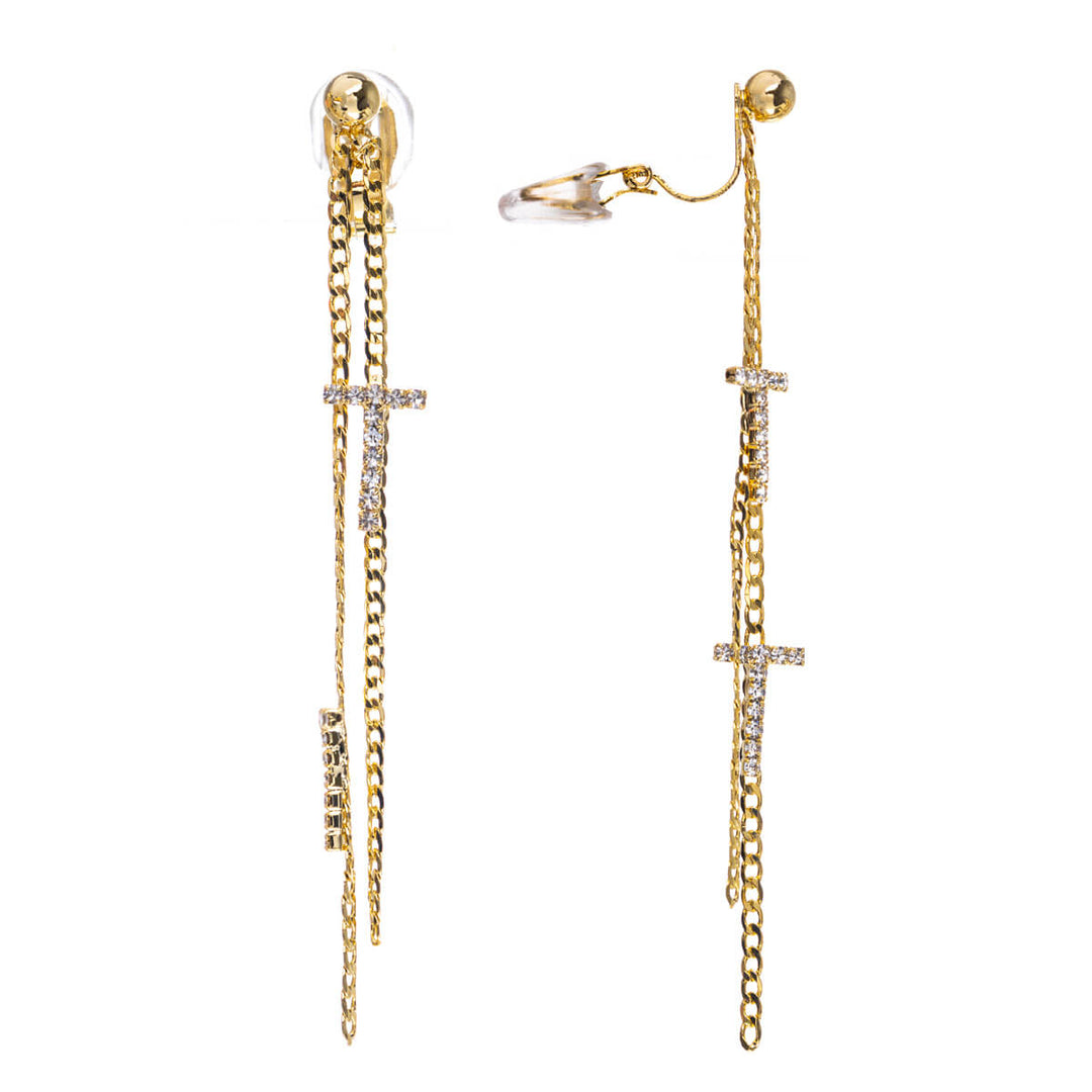 Hanging chain clip earrings with zirconia stones