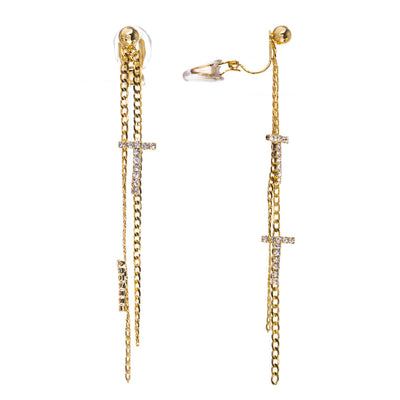 Hanging chain clip earrings with zirconia stones