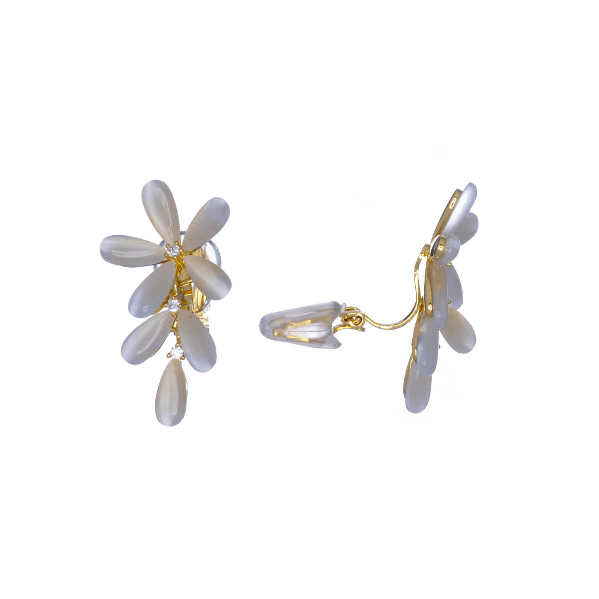 Flower clip earrings with zirconia stones