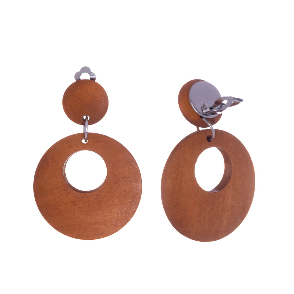 Round wooden clip earrings - Made in Finland (steel 316L)