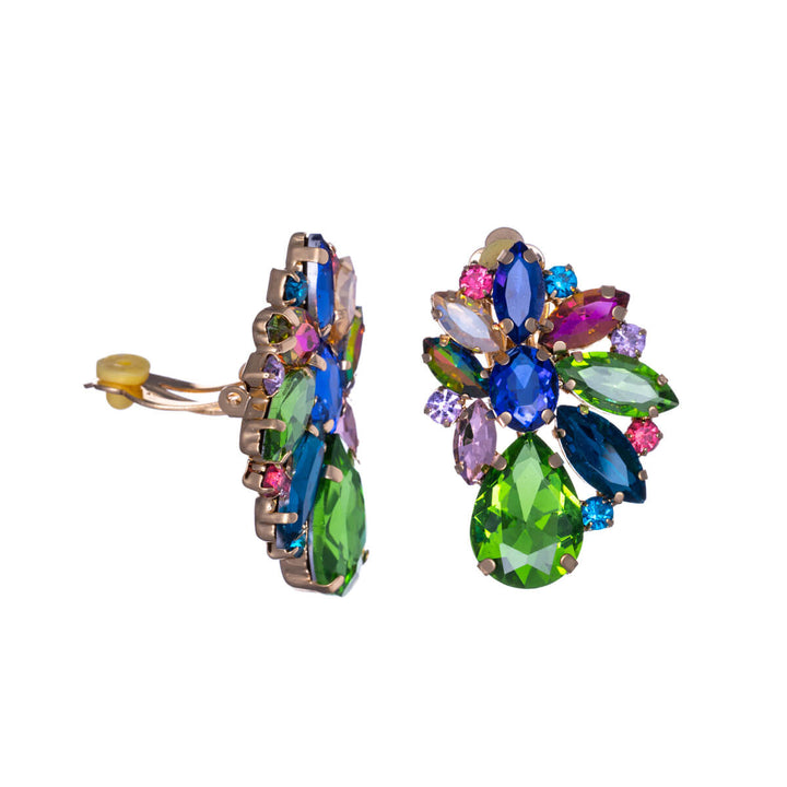 Showy festive clip earrings with glass stones