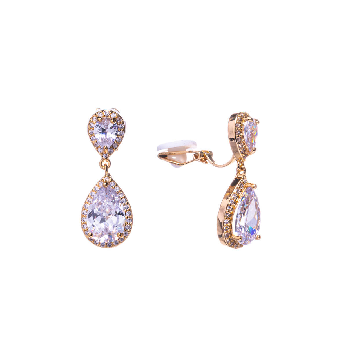 Dangling zirconia drop clip earrings gold plating