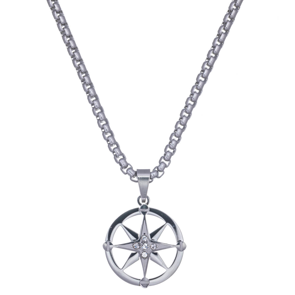 Decorative compass pendant steel necklace 60cm (steel 316L)