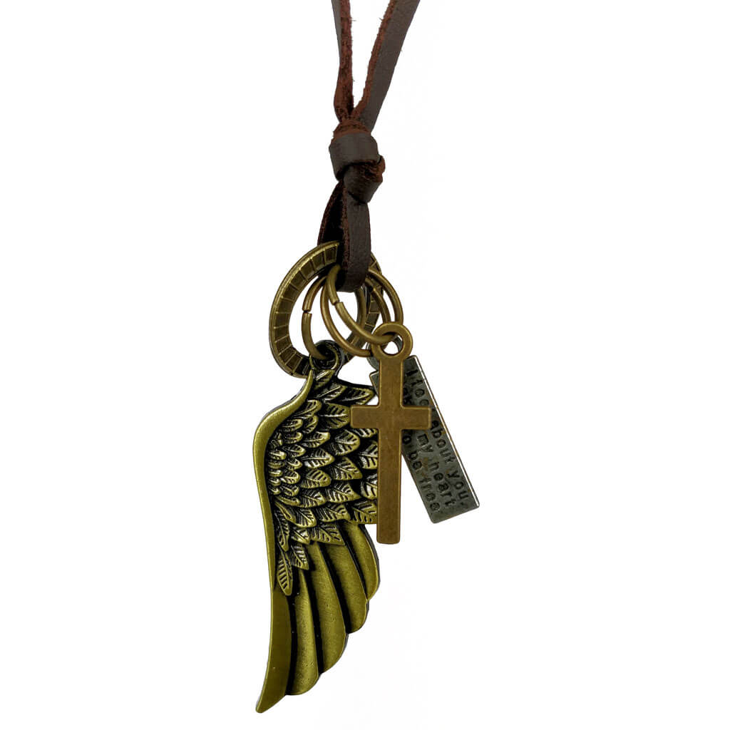 Wing pendant in a leather ribbon