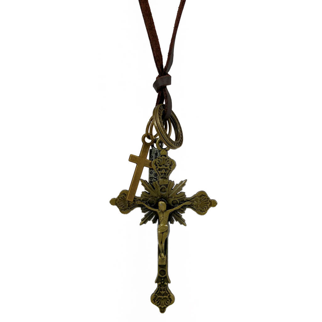 Cross pendant in a leather ribbon
