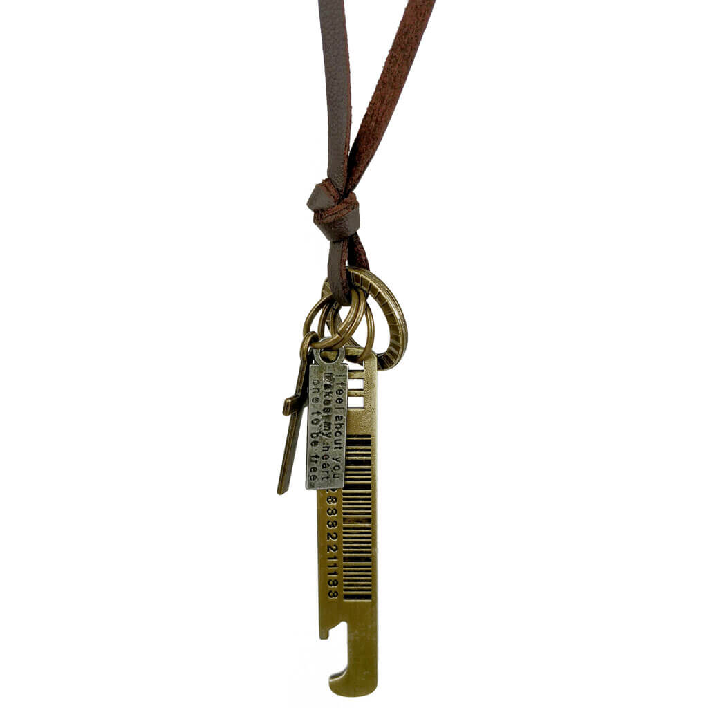 Bottle opener pendant in a leather ribbon