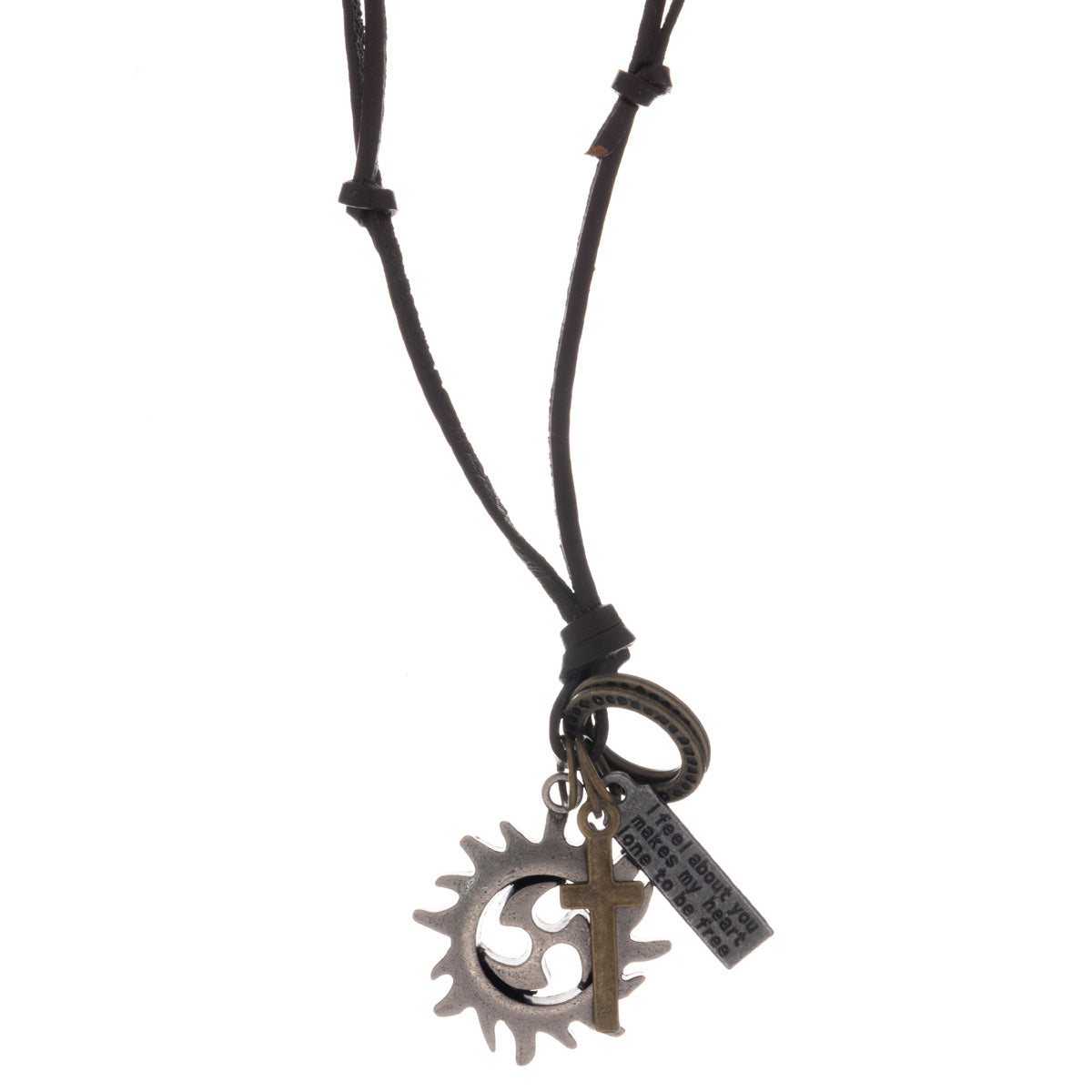 A tribal pendant necklace in a leather ribbon
