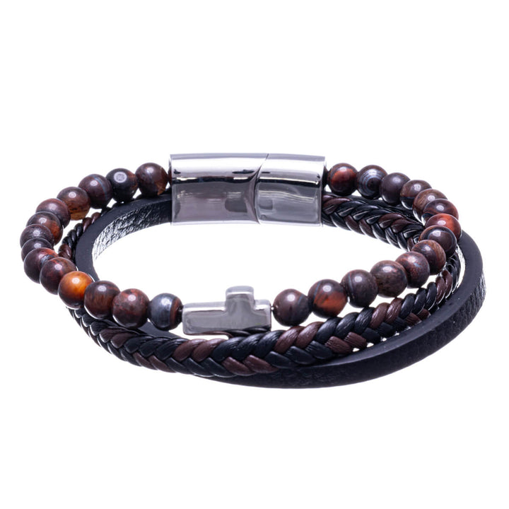 Leather bracelet with glass beads and cross (Steel 316L)