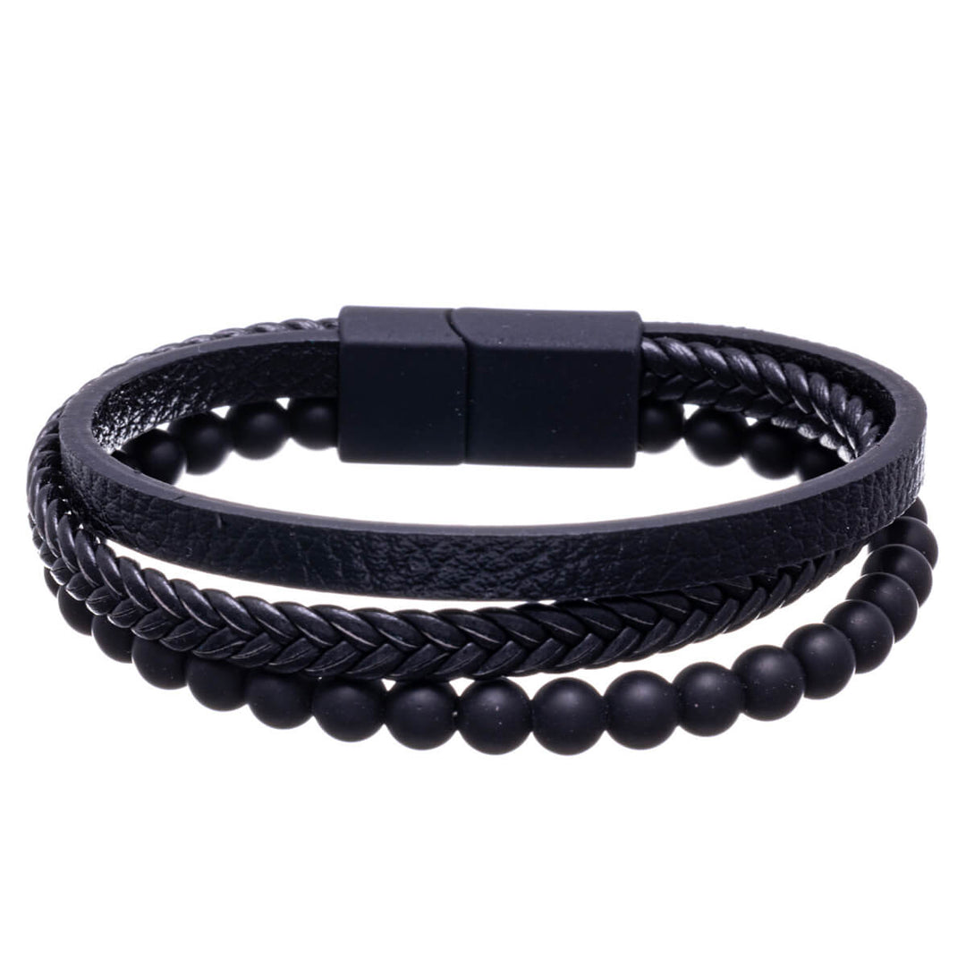 Dreireihiges Lederarmband mit Glasperlen (Stahl 316L)